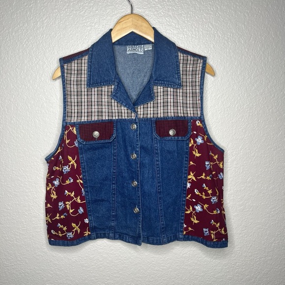 Vintage 90s Blue Denim Womens Fall Floral Autumn Vest Cotton Patchwork Large VTG - Picture 8 of 8